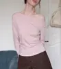 Camiseta de punto Eggka con hombro inclinado, manga larga, para mujer, nueva de otoño, color liso, ajustada, elegante, ajustada, sin hombros, cintura, top suave