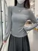 Tiro real: Camiseta básica de manga longa cor sólida, gola semi-alta, macia, slim fit, estilo coreano, para outono e inverno, top base para mulheres