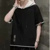 Camiseta de Seda de Gelo 2024 Masculina de Verão para Adolescentes Manga Curta Cor Sólida com Capuz Manga Curta Top Ensino Fundamental Ensino Médio Estudantes Vestido de Verão