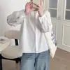 Camisa Branca Bordada Estilo College Artístico para Mulheres, Manga Longa, Algodão Puro, Juvenil, Proteção Solar, Camisa Básica para Primavera e Outono