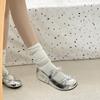 Sapatos Mary Jane Prateados de Bico Redondo Retrô Estilo Francês para Mulheres 2025 Novos Versátil Aumento de Altura Slip-On Boca Rasa Sapatos Solteiros