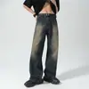 Jeans americano retrô azul para homens, novo estilo primavera-verão, corte reto solto, jeans com lavagem pesada desgastada, moderno
