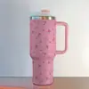 Copo de Carro Rosa Floral Transfronteiriço de 40oz com Alça e Canudo, Copo Térmico, Copo para Gelo com Canudo