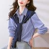 Venta Directa de Fábrica Camisa de Rayas Azules para Mujer Manga Larga Otoño Nuevo Diseño Top de Chal de Punto de Nicho Camisa de Algodón Puro