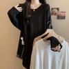 Camiseta de Manga Larga con Lazada Texturizada y Abertura para Mujer Tallas Grandes, Nuevo Estilo de Primavera, Holgada y Adelgazante, Top Cielo Estrellado para Mujer, Estilo Ins