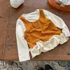 Top de dos piezas de imitación para niña, colección de otoño, camiseta interior de encaje de lunares para niños, elegante diseño de retazos de manga larga