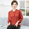 Blusa de Chifón de Manga Larga para Mujer Primavera y Otoño con Cuello Volante, Top Satinado que Cubre el Vientre, Camiseta Base Elegante