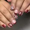Unhas Usáveis de Natal Borda Francesa Vermelha Padrão de Floco de Neve Listrado Vermelho e Branco Manicure Removível Unhas Postiças