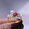 Acessórios DIY Anel de Prata Esterlina S925 com Diamante Vermelho e Três Pérolas Suporte Vazio Acessórios Suporte de Anel Feito à Mão Anel de Dedo Aberto