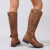 Fivela de Cinto Novo Estilo Botas Femininas Versátil Cano Alto Salto Médio Bico Redondo Confortável Botas de Equitação 2026 Outono e Inverno Transfronteiriço Tamanho Grande