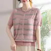 Camiseta de punto de seda helada a la moda para mamá, cuello redondo, manga corta, nuevo estilo de verano, top elegante y rejuvenecedor para mujeres de mediana edad y mayores