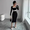 Vestido bodycon elegante y moderno para mujer europea y americana, de corte ajustado, cuello cuadrado, manga larga y con estiloso diseño de retazos
