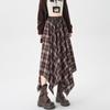 Saia Plaid Irregular para Mulheres Primavera 2026 Vintage Plaid Cintura Elástica Comprimento Médio Saia Evasê Que Cobre os Quadris e Parece Emagrecedora