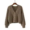 2026 Suéter de Punto Trenzado Versátil de Cuello en V Estilo Simple para Mujer, Cardigan de Punto Grueso Estilo Perezoso para Otoño e Invierno, Abrigo Corto Superior