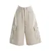 Pantalones Vaqueros de Bolsillo de Nuevo Diseño de Moda, de Longitud Media, Control de Abdomen, Pierna Ancha Holgada, Color Beige, Pantalones Cortos para Mujer para Ropa de Exterior