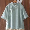 Vestido de Té de Verano Nuevo Retro Bordado con Cuello Alto Botones Manga Media Estilo Chino para Mujer Jersey Talla Grande Adelgazante Camiseta