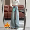 Jeans de pierna ancha rectos, de tiro alto, adelgazantes, para mujer, talla grande, forrados de polar, color azul claro, versátiles, holgados, para otoño e invierno, de largo hasta el suelo