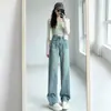 Tendência Nova de Verão Roupas Femininas Calças Jeans de Perna Larga Retrô Americano Cintura Alta Bolsos Grandes Respirável Reto Casual Dropshipping