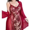 25202 Lindo robe de malha transparente, disponível em várias cores, com acabamento em renda, uma camisola robe pura e sedutora para mulheres