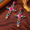 Pendientes bohemios exagerados europeos y americanos, pendientes de diamantes coloridos, totalmente de diamantes, trabajo pesado de alta calidad, pendientes de cruz barroca para mujer