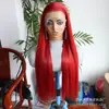 Peruca de Fibra Química de Alta Temperatura Seda Vermelha Grande com Lace Frontal 13*4 Cabelo Longo Reto Dourado Peruca de Fibra Química