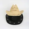 Sombrero de vaquero de paja natural tejido a mano, transpirable, con diseño calado para playa en verano, sombrero de jazz de ala ancha estilo americano europeo y americano