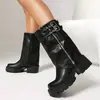Botas de otoño e invierno para mujer de talla grande, hasta la pantorrilla, punta redonda, suela gruesa, plataforma impermeable, tacón alto de cuero, botas de equitación versátiles de calidad de exportación para mujer