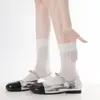 Calcetines Finos de Algodón para Mujer de Primavera y Verano, Calcetines de Malla Transpirable con Rayas Verticales hasta la Media Pantorrilla, Calcetines de Estilo Ballet con Volantes de Encaje, Calcetines Cortos Versátiles Estilo JK