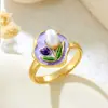 Anillo de Cobre con Flor de Esmalte Pintado y Microincrustaciones de Esmalte para Mujer, Joyería de Moda Transfronteriza, Estilo Chino, Personalizado, Diseño Abierto Ajustable