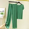 Conjunto de Calça de Manga Curta de Seda de Gelo para Casa, Conjunto de Camiseta com Decote V Feminino de Verão Fino Casual Roupa Externa Cor Sólida Pijama Conjunto de Duas Peças