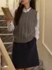 Colete Tricotado Camadas Gola Redonda Retrô Japonês Feminino Design Outono Inverno Suéter Pequeno Sem Mangas