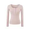 Camisa Rosa Estilo Coreano Henley Manga Larga Camiseta para Mujer Otoño Delgada Cuello en V Botones Ajuste Delgado Capa Interior Camisa Base
