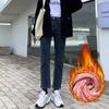 Calça jeans reta feminina inverno pequena americana nova forrada de lã grossa cintura alta versão estreita calças curtas emagrecedoras