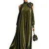 Vestido Largo de Estilo Europeo Otoño 2026 Más Vendido Verde Oliva Plisado con Decoración Floral en los Hombros Vestido Largo Holgado para Mujer