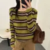 Suéter de punto holgado a rayas con bloques de color y cuello redondo estilo retro coreano para mujer, top elegante de otoño e invierno