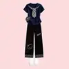 Crianças Maiores 2026 Novo Verão Calça Casual Patchwork Xadrez Meninas Novo Estilo Escolar Gola Marinheiro Manga Curta Conjunto de Duas Peças