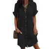 Vestido Casual Solto de Manga Curta, Cor Sólida, Gola V, Comprimento Médio, Botões Únicos, Casual, Cruzado Europeu e Americano, Amazon, 2026, para Mulheres