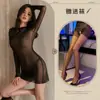 Lingerie Sexy Malha Transparente Ultra Fina Camada Única Roupa de Proteção Solar Manga Longa Pijama Sexy Vestido Cobrindo o Quadril Tentação Camisola