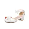 Sandalias Huecas con Lazo de Encaje y Punta de Caramelo Tacón Cuadrado Tacón Medio Zapatos para Niños Zapatos Infantiles 28-46 Zapatos de Comercio Exterior