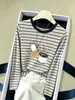 Camiseta de Manga Larga a Rayas Colorblock Hombro Normal 100% Algodón Moda Femenina Versátil Base Azul Marino Otoño