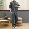 Conjunto de Pantalones de Algodón y Lino Estilo Chino para Hombre, Conjunto de Verano Holgado Bordado de Manga Corta para Hombre, Nuevo Top Casual