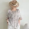 Nueva Camisa de Lino Bordada Estampada Retro Estilo Chino para Mujer, Nuevo Modelo Verano 2026, Cuello Redondo, Elegante, Transpirable, Versátil