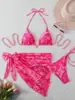 Biquíni Floral Retrô Europeu e Americano Conjunto de Três Peças com Saia Saída de Praia, Amarração no Pescoço Halter, Roupa de Banho Duas Peças, Saia de Praia Envolvente, Moda Praia para Férias