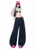 Calça jeans de sarja crua com blocos de cor estilo americano para mulheres, outono de 2026, perna larga, solta, relaxada, lavada, calça de corte curvo