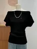 Camisa Rayada de Manga Corta para Mujer, Nuevo Estilo de Verano, Moderna, Holgada, Versátil, Relajada, Hombros Descubiertos, Top que Expone la Clavícula