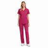 94% Fibra de Poliéster + 6% Spandex Uniforme de Trabajo de Manga Corta con Cuello en V para Doctoras, Uniforme de Belleza de Spa de Dos Piezas