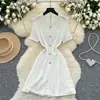 Vestido de Punto para Mujer Estilo Verano Retro Francés Cuello Polo Manga Corta Botón Metálico Cintura Ceñida Falda Corta Reductor de Edad