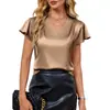 Camisa de Verano con Cuello en V de Satén y Gasa, Manga Corta con Volantes, Corte Holgado para el Trabajo, Top para Mujer