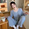 Pijama con Almohadilla en el Pecho para Mujer Primavera y Otoño 6535 Algodón Manga Larga Pantalones Estilo Coreano Sencillo Casual Ropa de Casa conjunto para Usar como Exterior