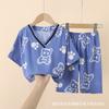 Conjunto de Pijama Infantil de Algodón Seda Vaca Primavera y Verano Manga Tres Cuartos Pantalón Corto para Niños y Niñas Seda Artificial Algodón Ropa de Casa Sección Delgada